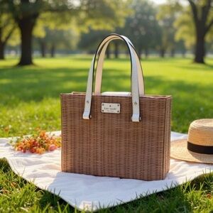 Kate Spade Leather Tan Woven Print Tote